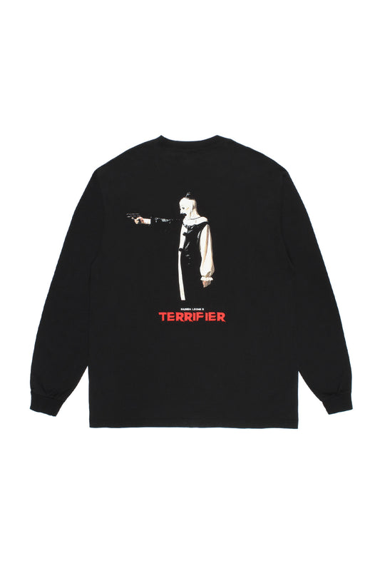 Wacko Maria x Terrifier long sleeve T-shirt Type-3 black back print featuring Art the Clown pointing gun, Damien Leone horror collaboration heavyweight cotton streetwear made in Japan