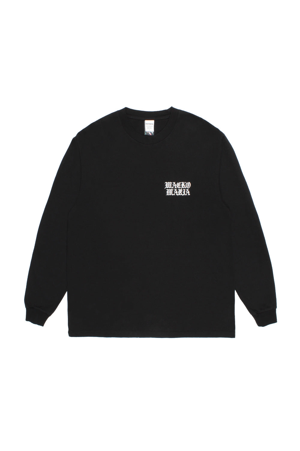 Front view Wacko Maria x Terrifier washed black long sleeve crew neck T-shirt with chest logo print, wide fit premium Japanese streetwear horror movie collab