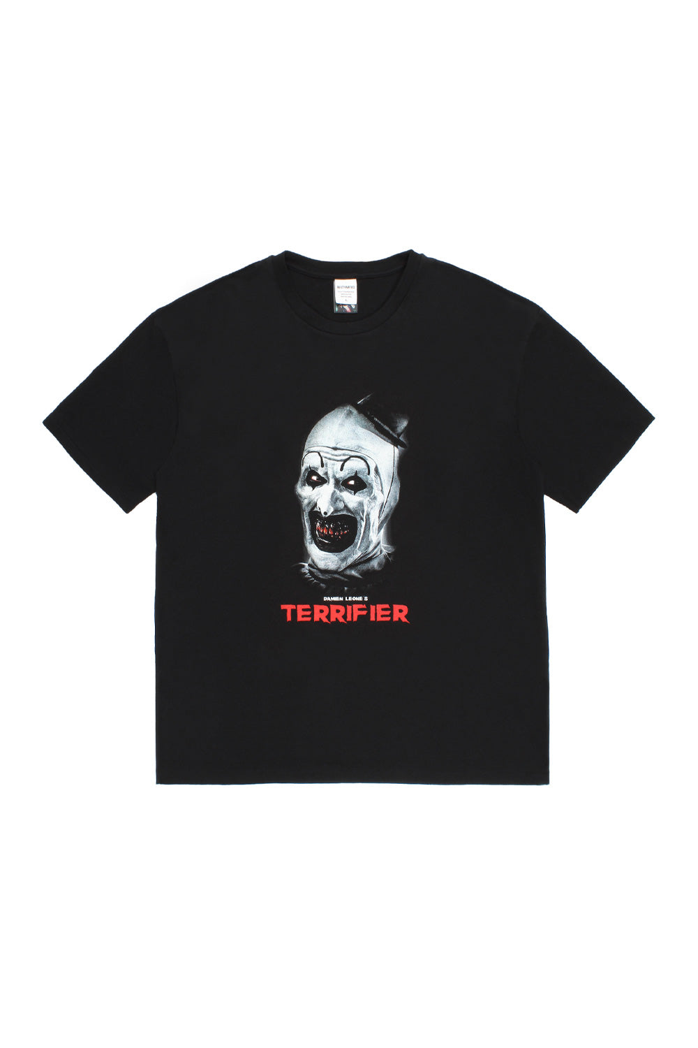 Wacko Maria x Terrifier washed heavyweight crew neck T-shirt black front view with Art the Clown graphic, oversized fit premium cotton horror streetwear made in Japan