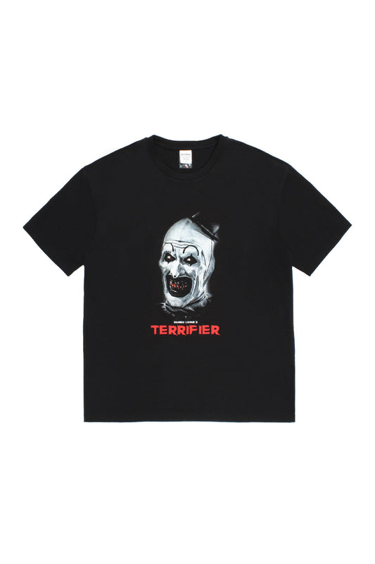 Wacko Maria x Terrifier washed heavyweight crew neck T-shirt black front view with Art the Clown graphic, oversized fit premium cotton horror streetwear made in Japan