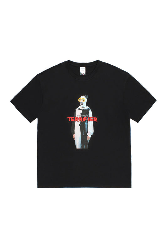 Wacko Maria x Terrifier Type-2 washed heavyweight black T-shirt front view featuring Art the Clown full body graphic, oversized fit Japanese streetwear horror collaboration