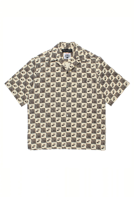 Wacko Maria x Wolf’s Head 50s short sleeve shirt Type-1 full view with skull graphic pattern, wide fit Japanese designer shirt, premium cotton corduroy made in Japan streetwear piece