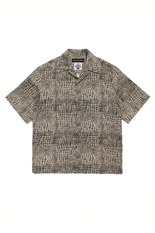 Wacko Maria x Wolf’s Head 50s short sleeve shirt Type-2 front view with all over graphic print, wide fit silhouette, premium Japanese streetwear shirt made in Japan cotton fabric