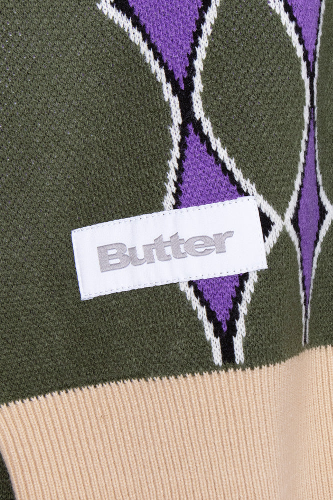 Butter Goods Diamond Knit Cardigan Sage - BONKERS