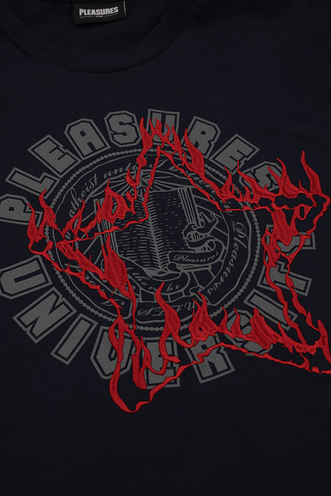 Pleasures University Heavyweight T-Shirt Navy - BONKERS